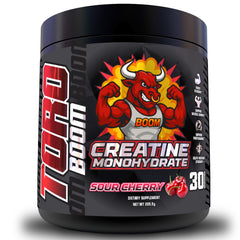 TORO BOOM creatine monohydrate bottle close-up showing pure, micronized powder for easy mixing.