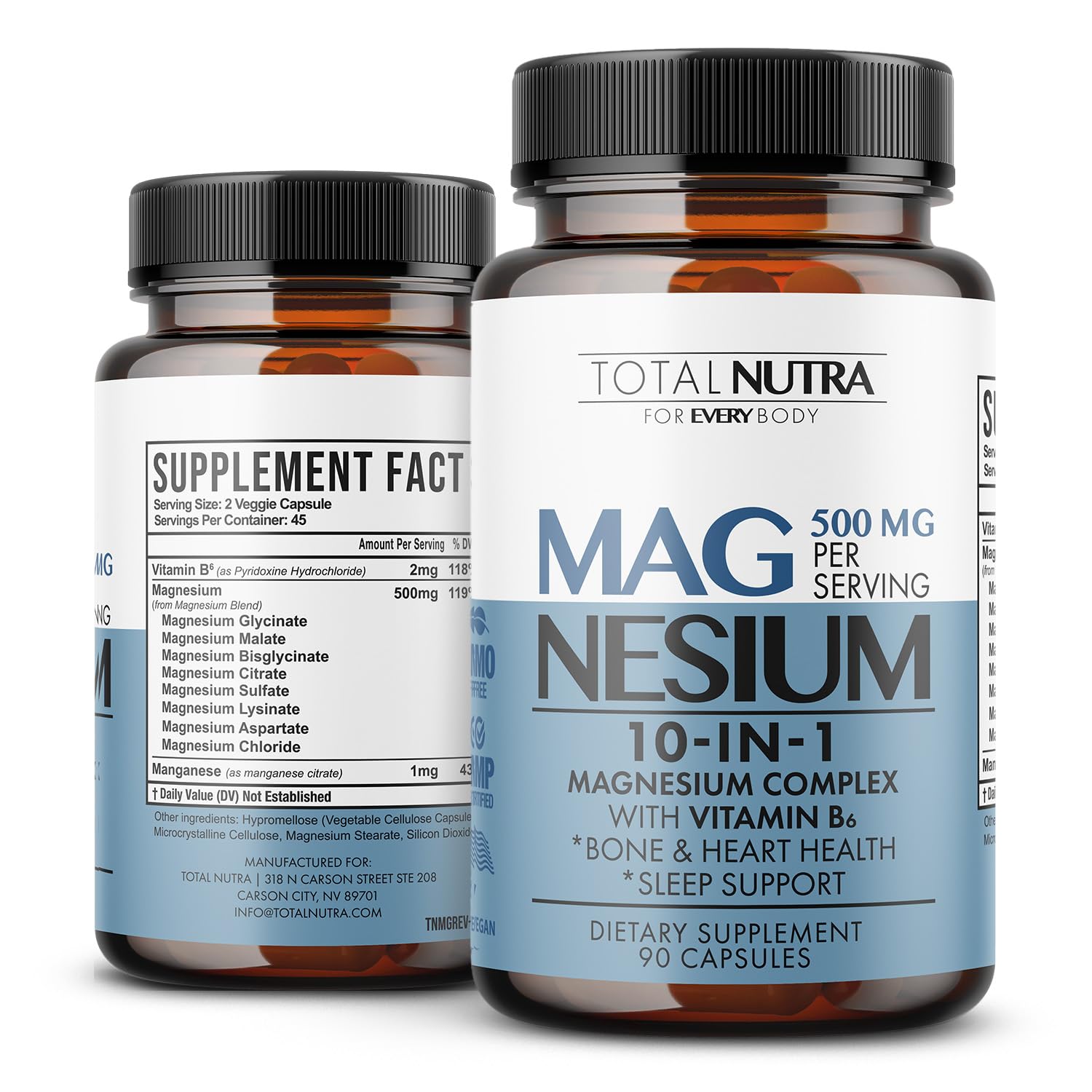 Total Nutra 10-in-1 magnesium capsules on bottle for daily wellness.