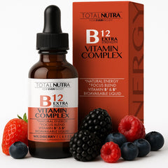 Total Nutra Extra Strength B12 drops bottle pour for quick energy support