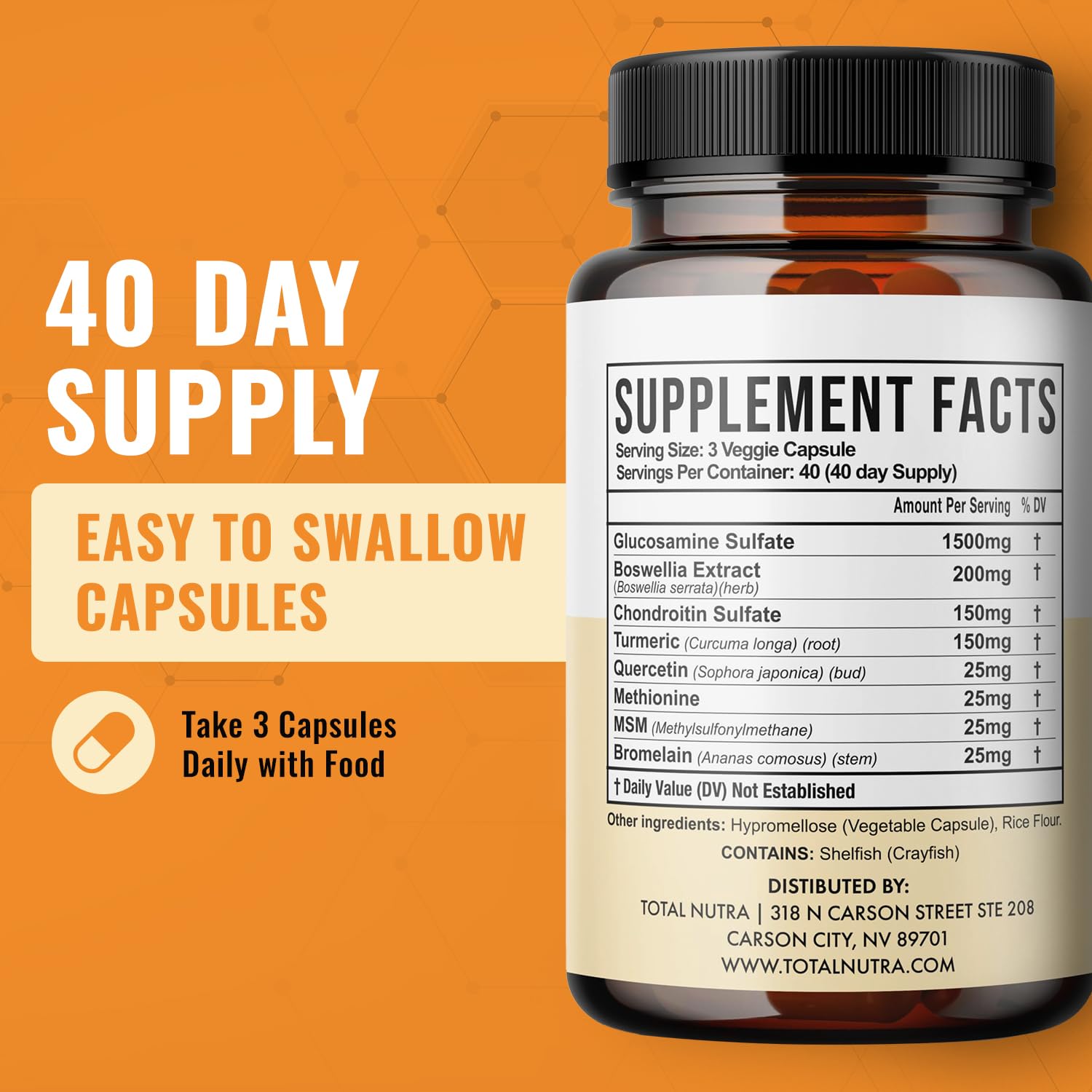 Total Nutra glucosamine-chondroitin-msm-turmeric 2100mg serving card illustrating serving size.