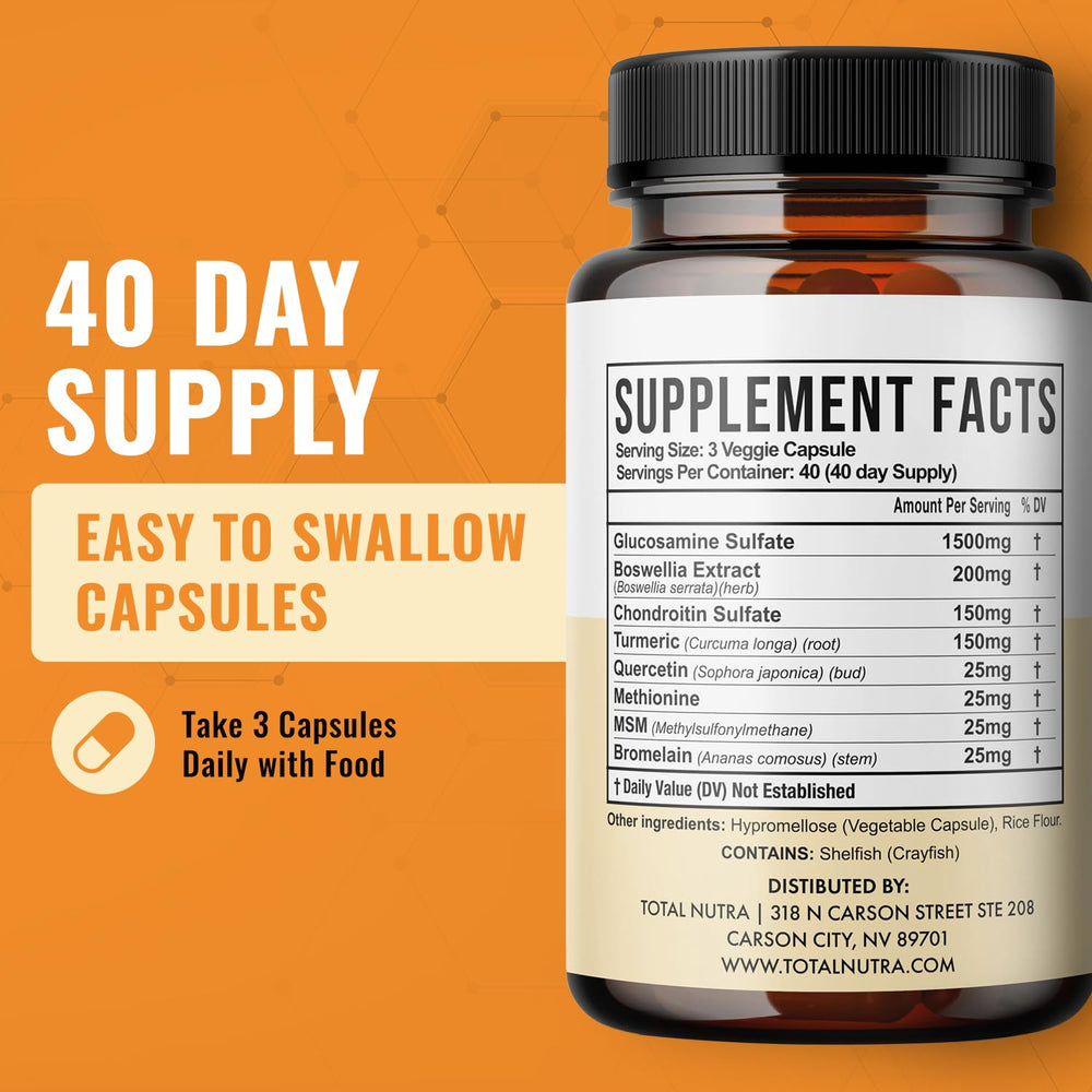 Total Nutra glucosamine-chondroitin-msm-turmeric 2100mg serving card illustrating serving size.