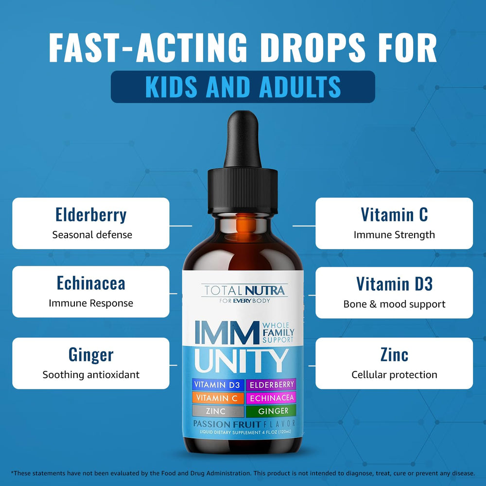 Total Nutra immunity drops pour showcases fast-dispensing support for on-the-go use.