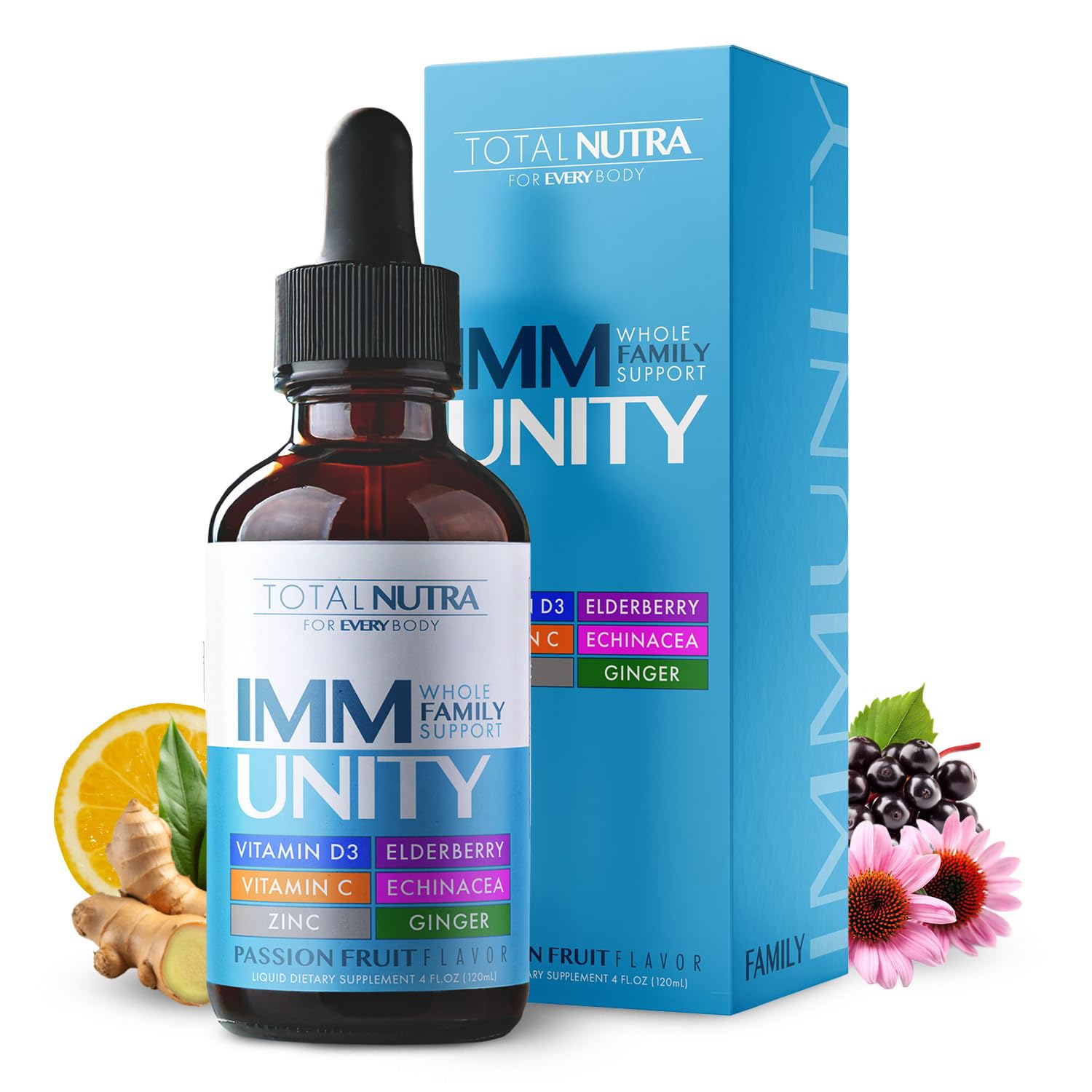 Total Nutra Total Immune 6-in-1 bottle boosts daily wellness with passion fruit flavor.