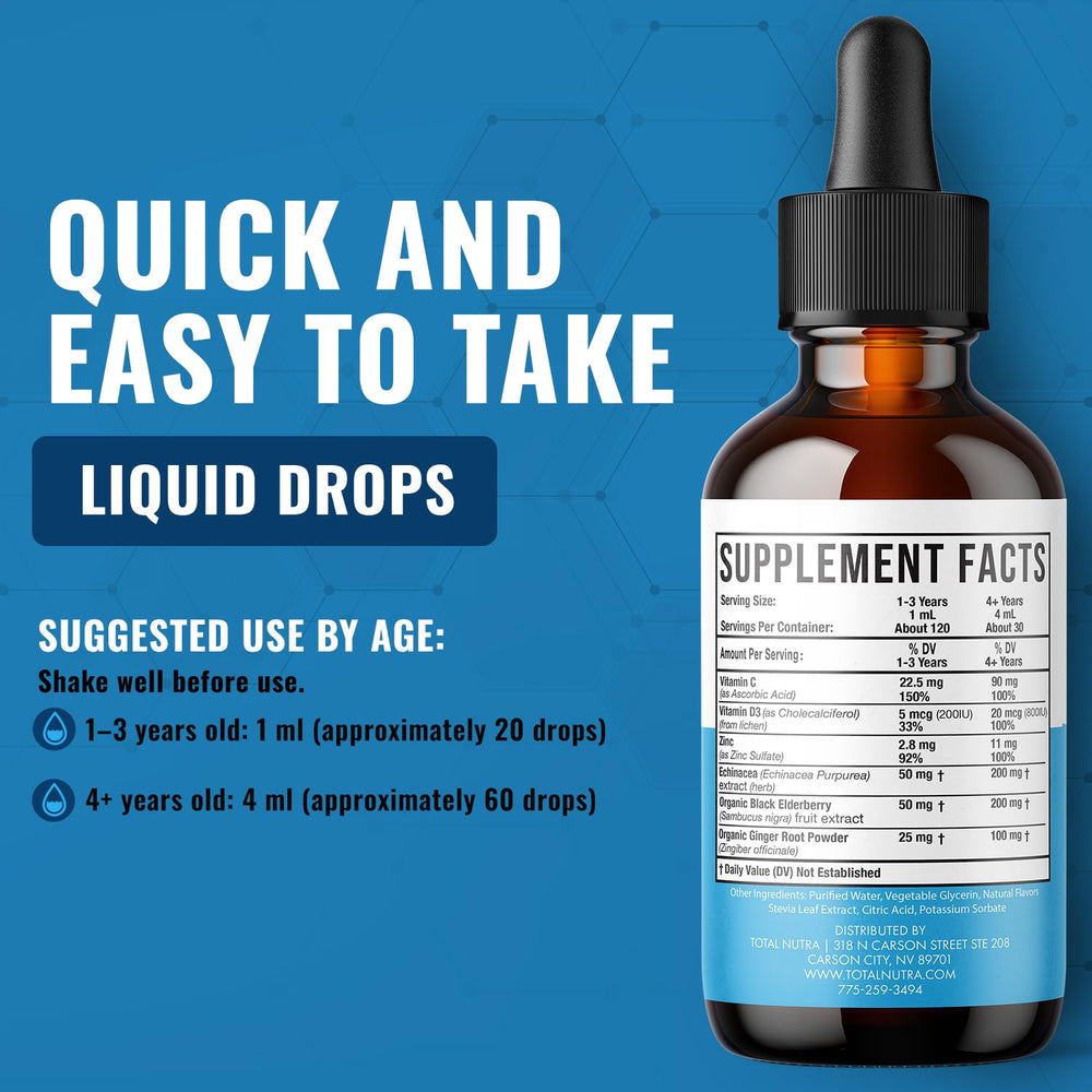Total Nutra USA-made liquid multivitamin signals a fast-acting nutrient boost.