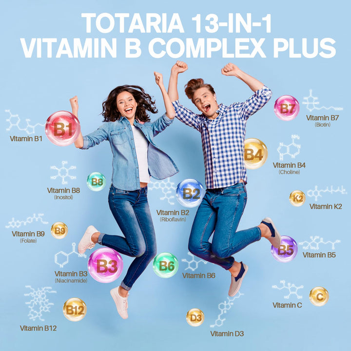 Totaria capsules closeup highlighting the B-complex blend and easy swallowing