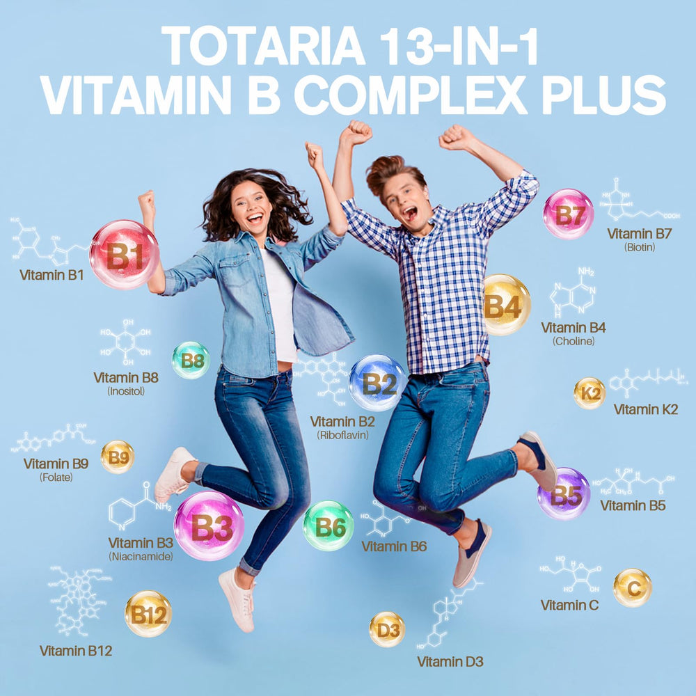 Totaria capsules closeup highlighting the B-complex blend and easy swallowing