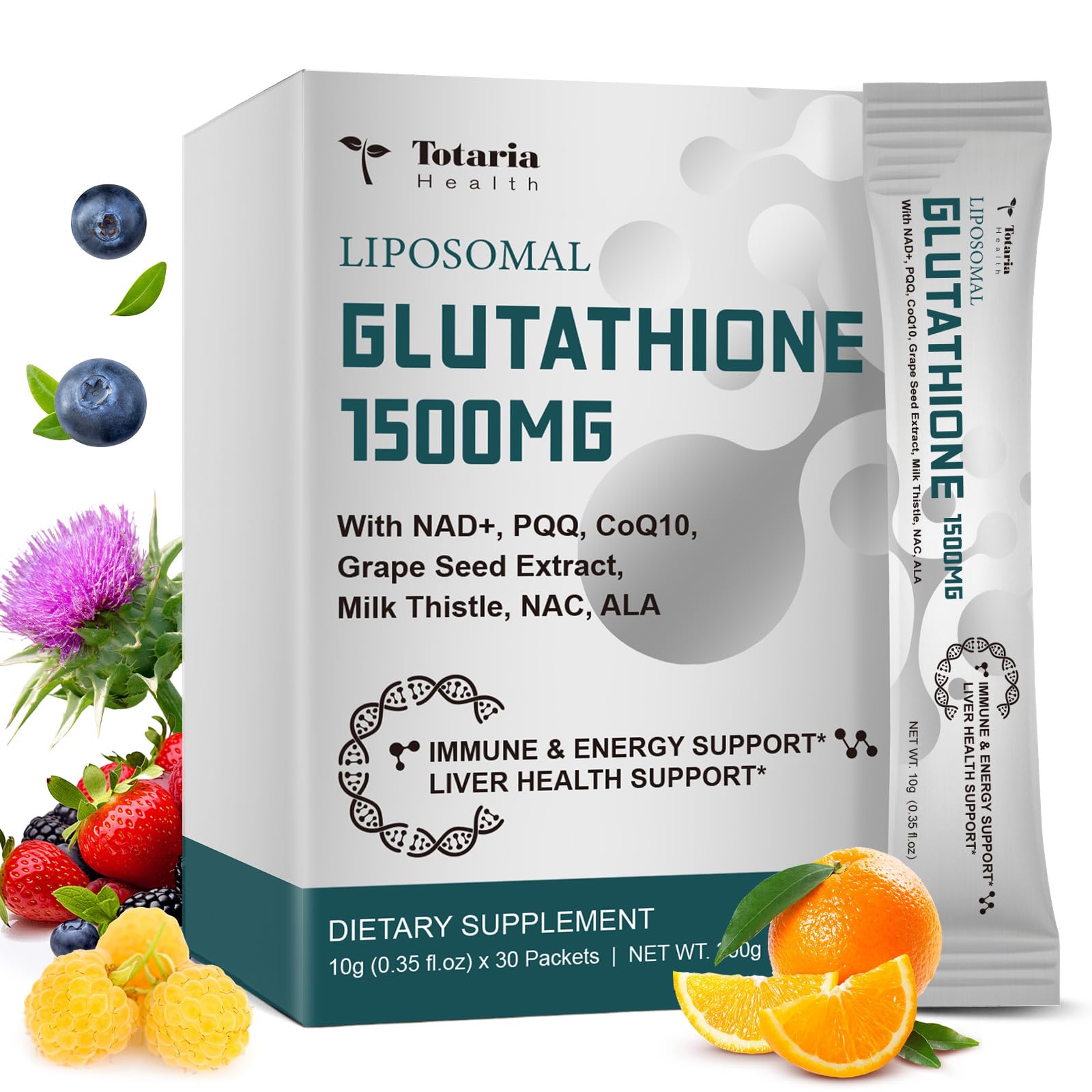 Totaria 1500mg liposomal glutathione sachets closeup for convenient daily detox support.
