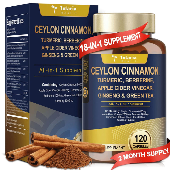 Totaria 18-in-1 cinnamon capsules bottle showing vegan formula for metabolism support