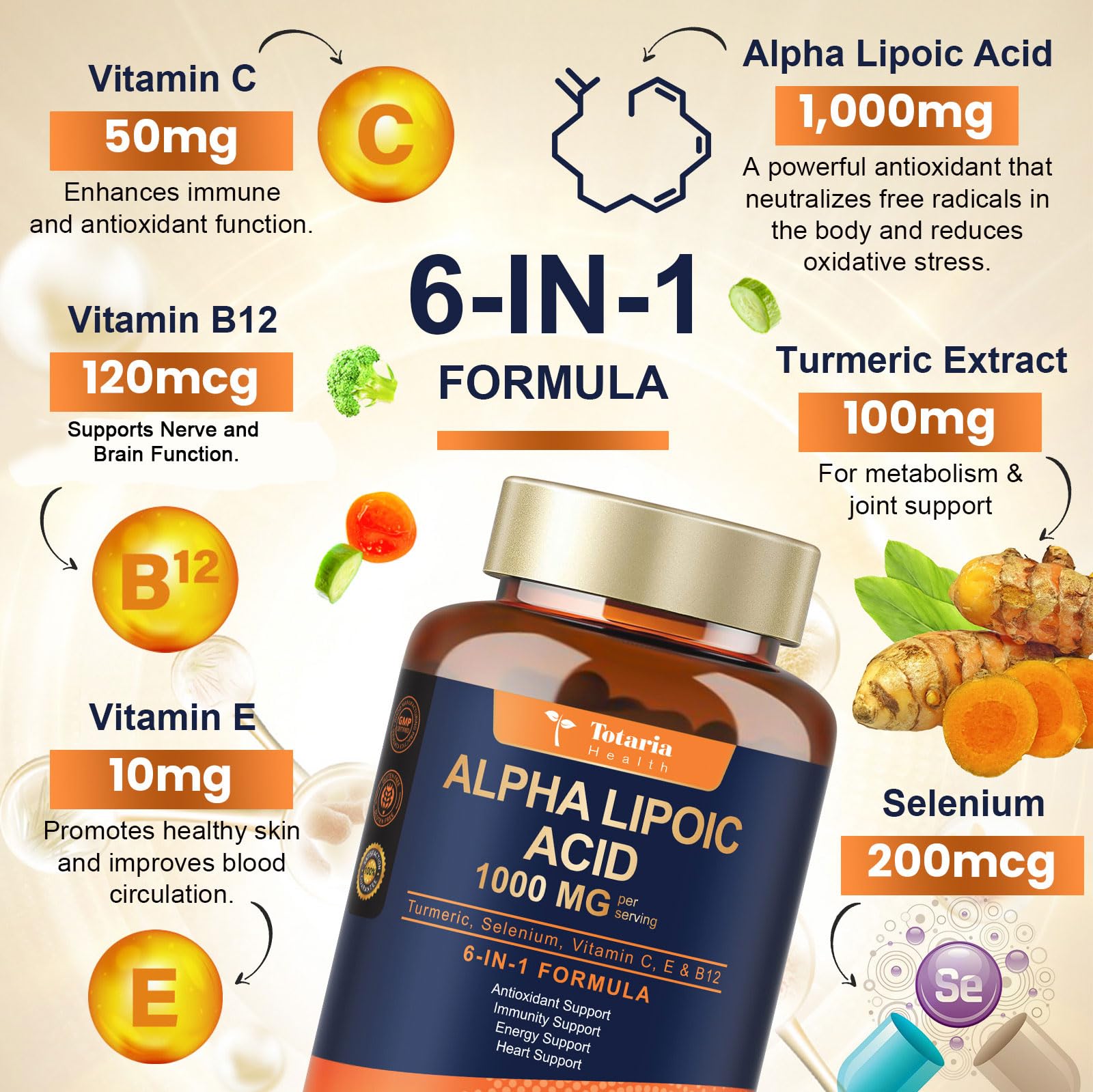 Totaria ALA capsules label closeup, Totaria Pure formula and additive-free emphasis