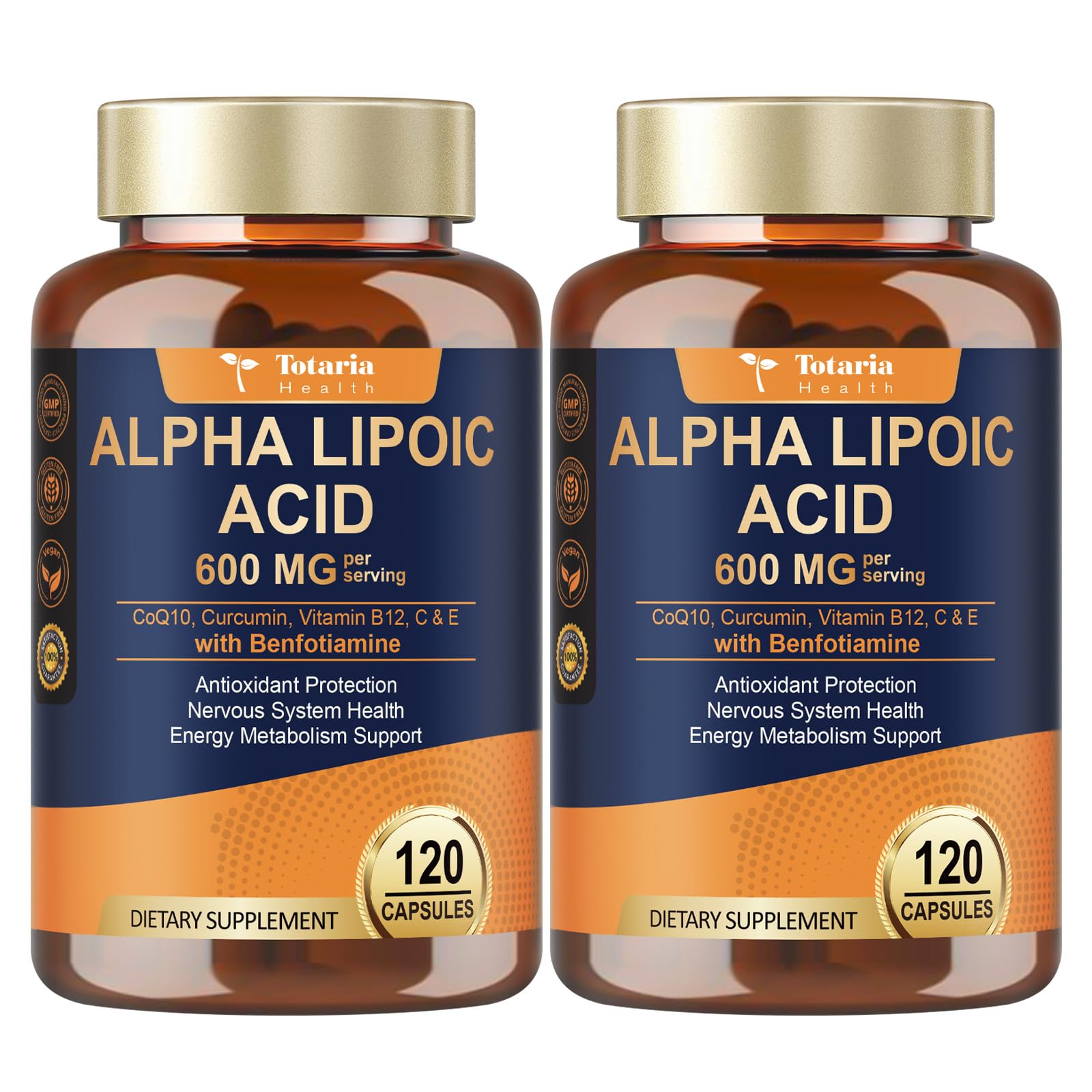 Totaria Alpha Lipoic Acid 600mg bottle front view, two-pack option for convenient use.
