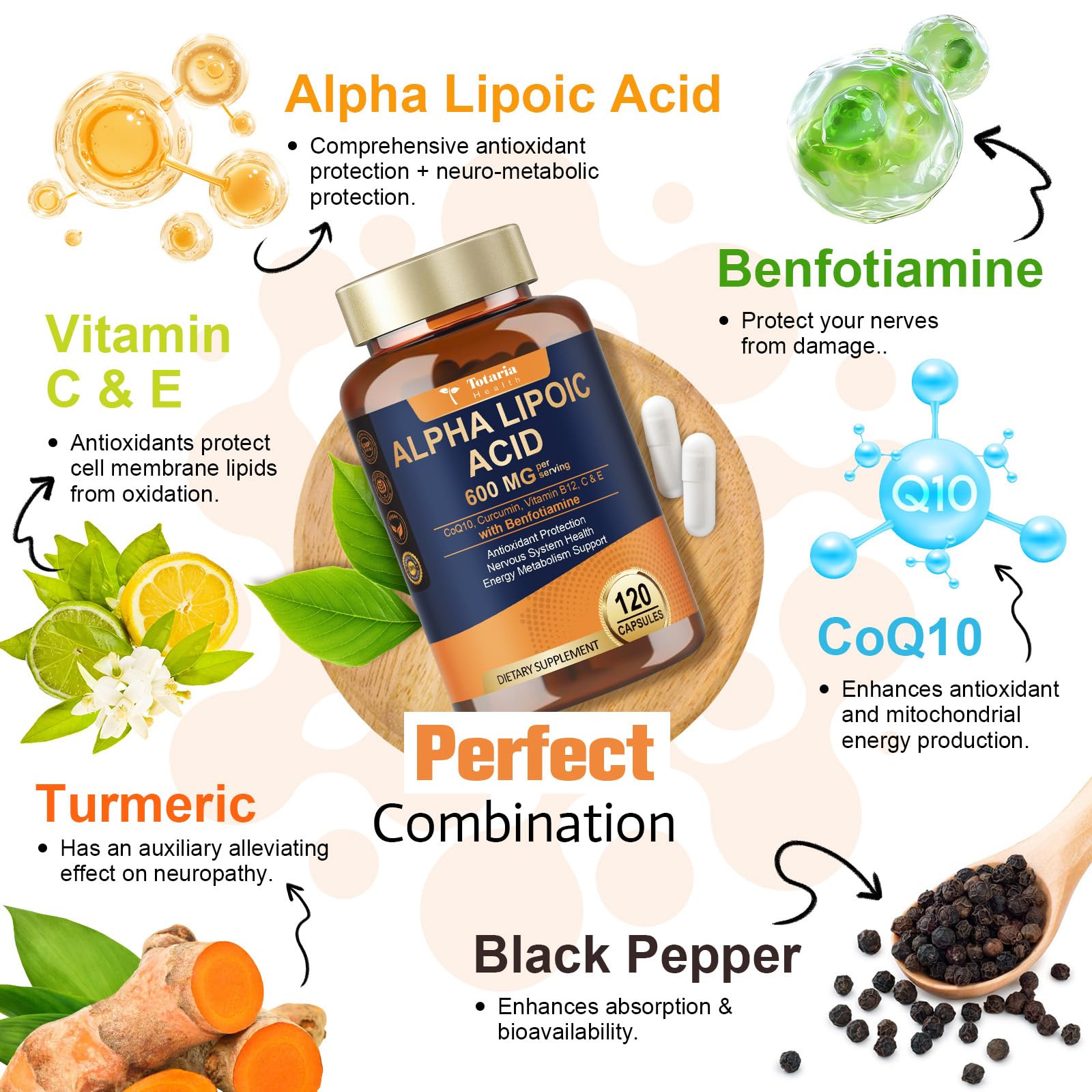 Close-up of Totaria Alpha Lipoic Acid capsules for daily antioxidant support.