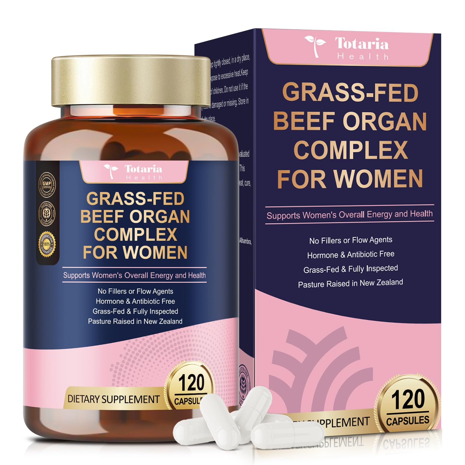 Totaria beef organs women bottle front with 120 capsules for daily energy support.