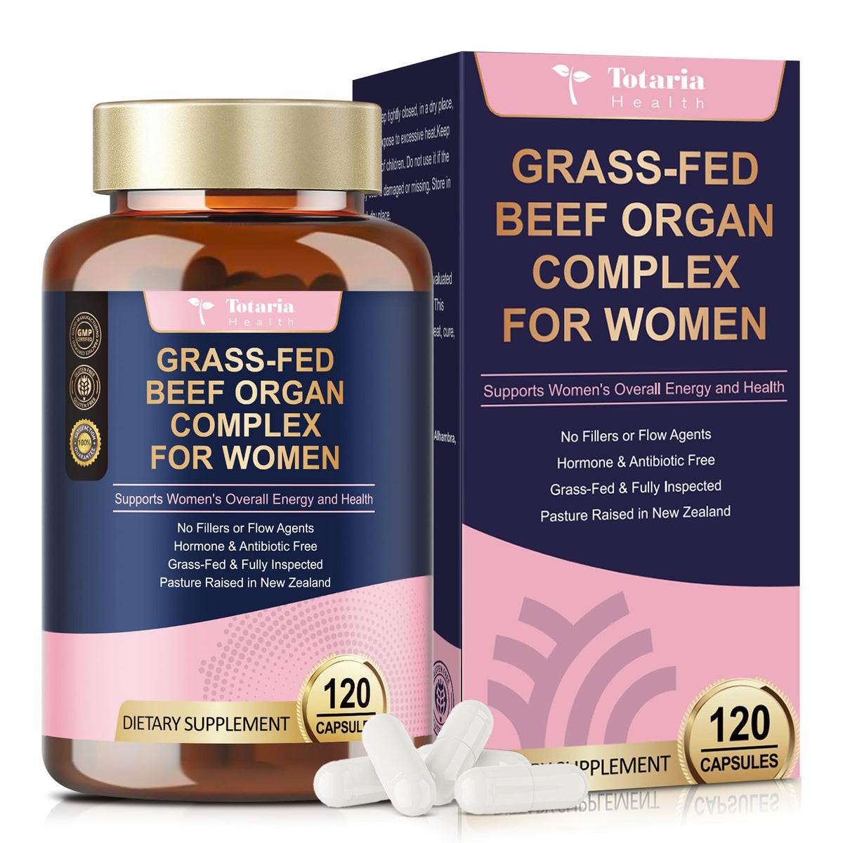 Totaria beef organs women bottle front with 120 capsules for daily energy support.