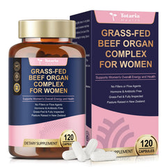 Totaria beef organs women bottle front with 120 capsules for daily energy support.
