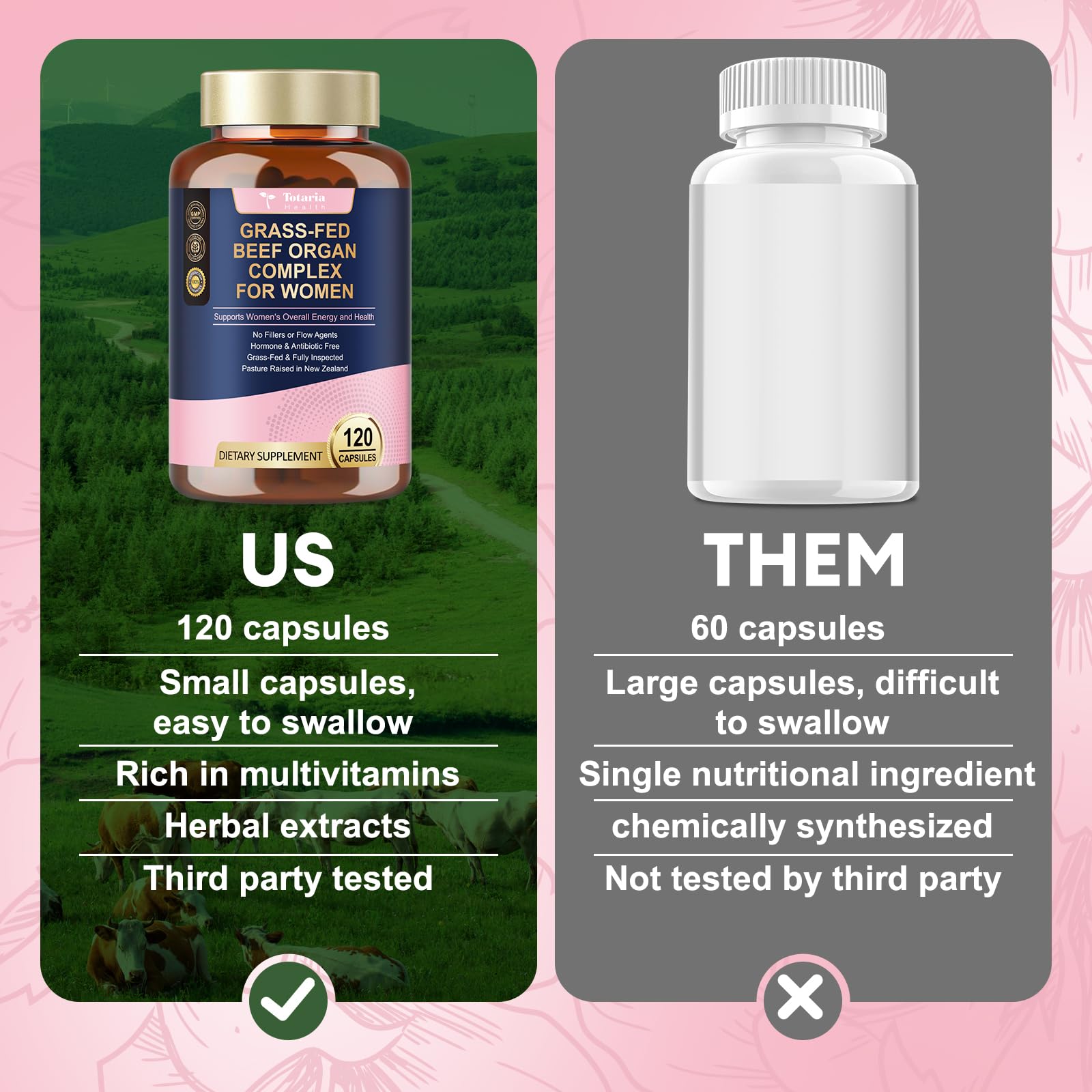 Totaria beef organs women ingredients list emphasizes grass-fed beef quality and safety testing.
