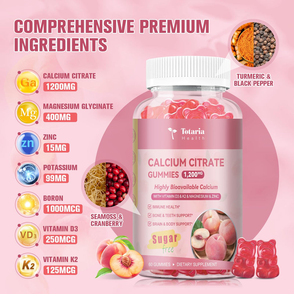 Totaria peach flavor gummies close-up showing sugar-free calcium supplement.
