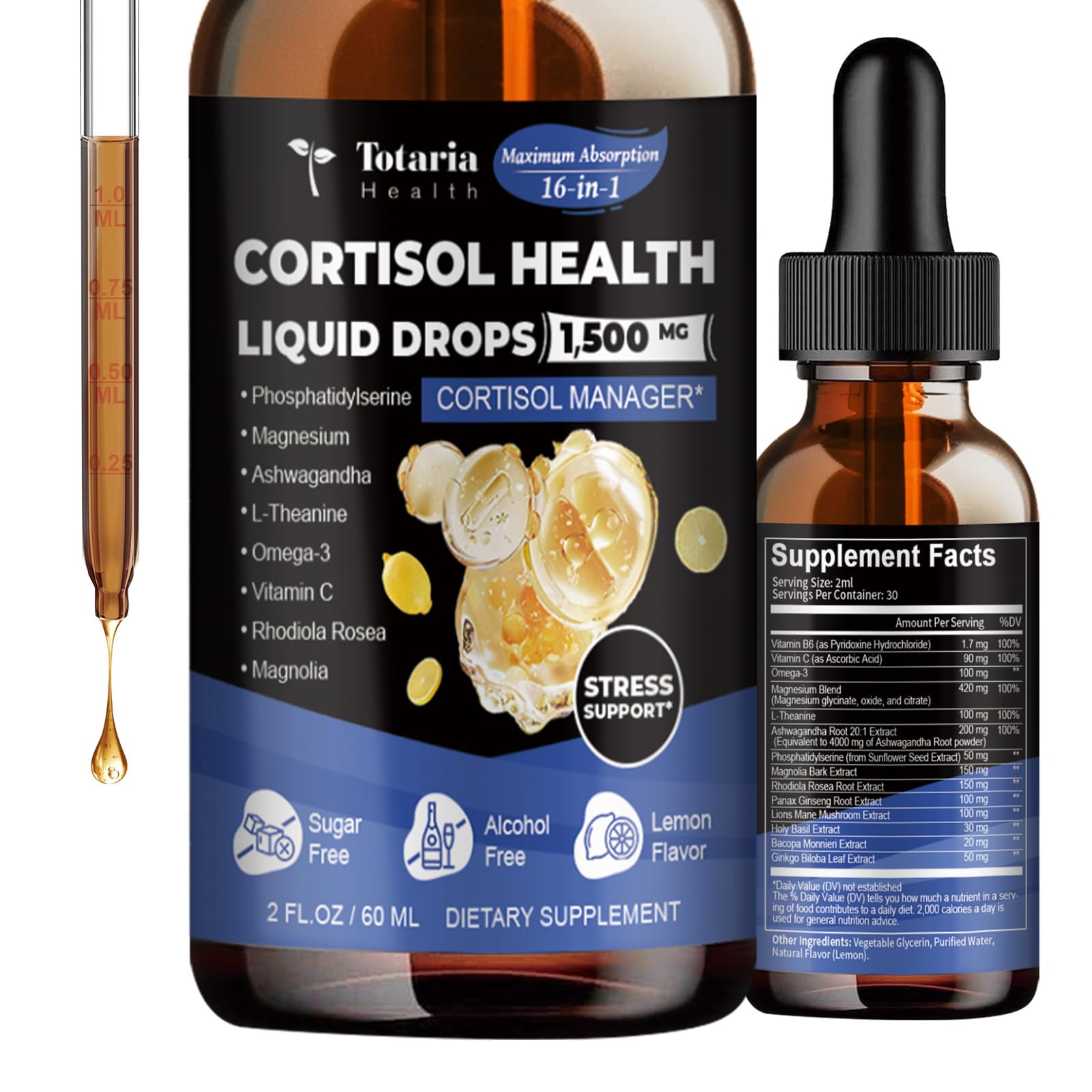 Totaria Cortisol Drops bottle on a clean surface for daily balance