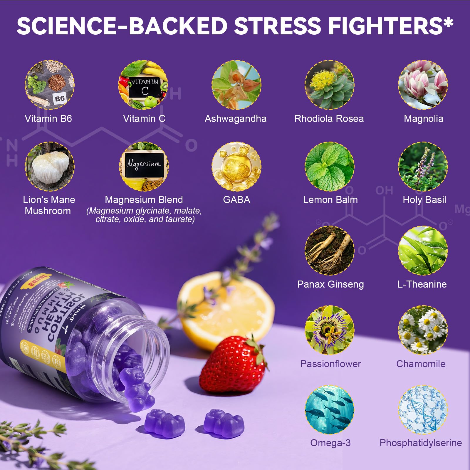 Totaria Cortisol Gummies closeup highlighting chewy texture and berry flavor