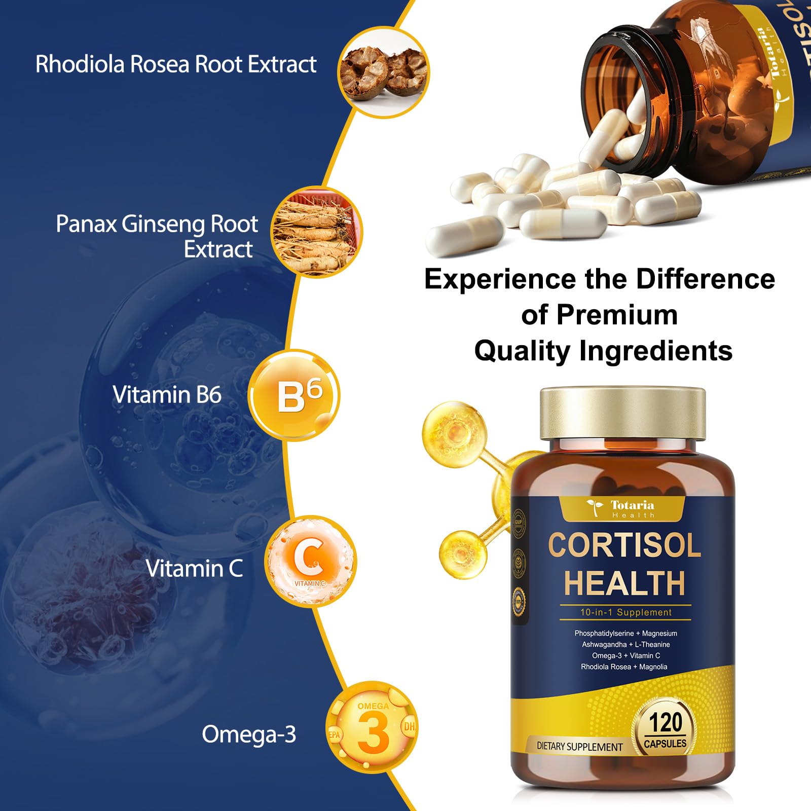 Totaria cortisol supplement capsules close-up highlighting convenient vegan capsules.