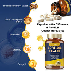 Totaria cortisol supplement capsules close-up highlighting convenient vegan capsules.