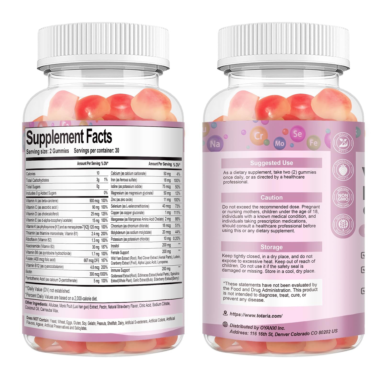 Totaria gluten-free vegan gummies closeup emphasizes allergen-friendly wellness.