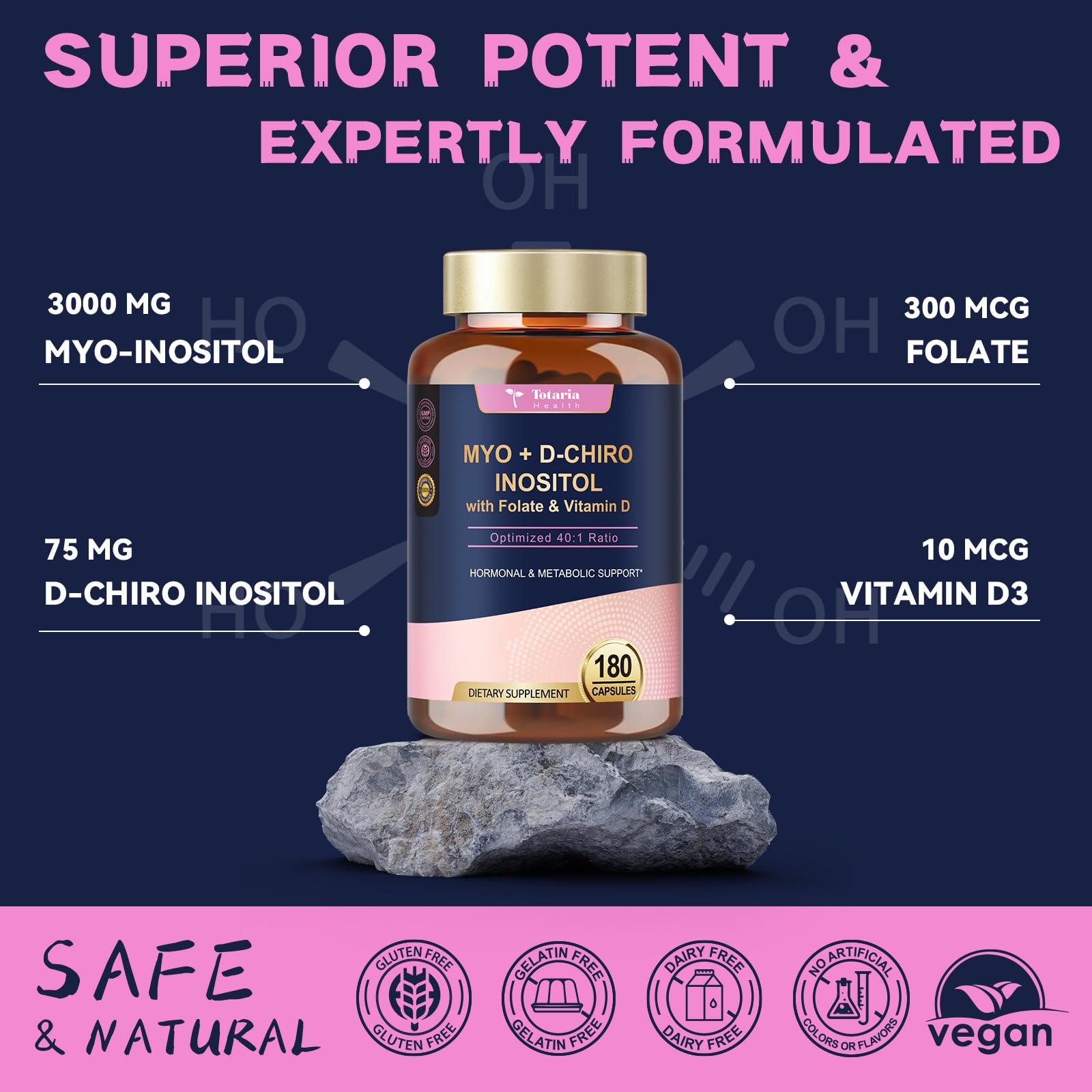 Totaria Inositol with D3 and Folate illustration indicates added nutrients