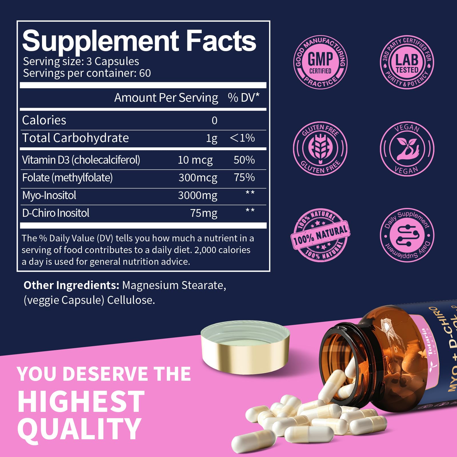 Totaria Inositol vegan and gluten-free icons emphasize clean ingredients