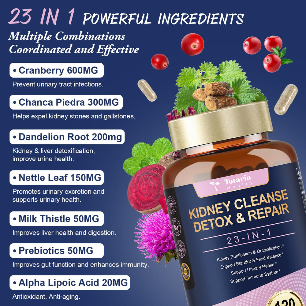 Totaria Kidney Cleanse capsule closeup highlights cranberry and botanicals for urinary support.