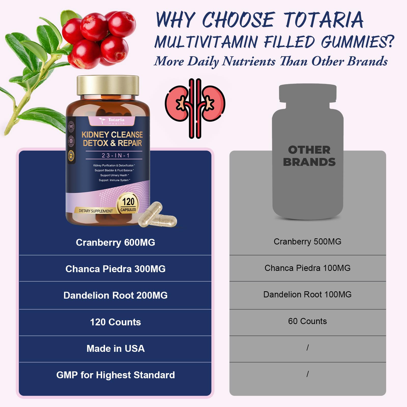 Totaria Kidney Cleanse ingredients image shows beet root, nettle, and dandelion for balance.