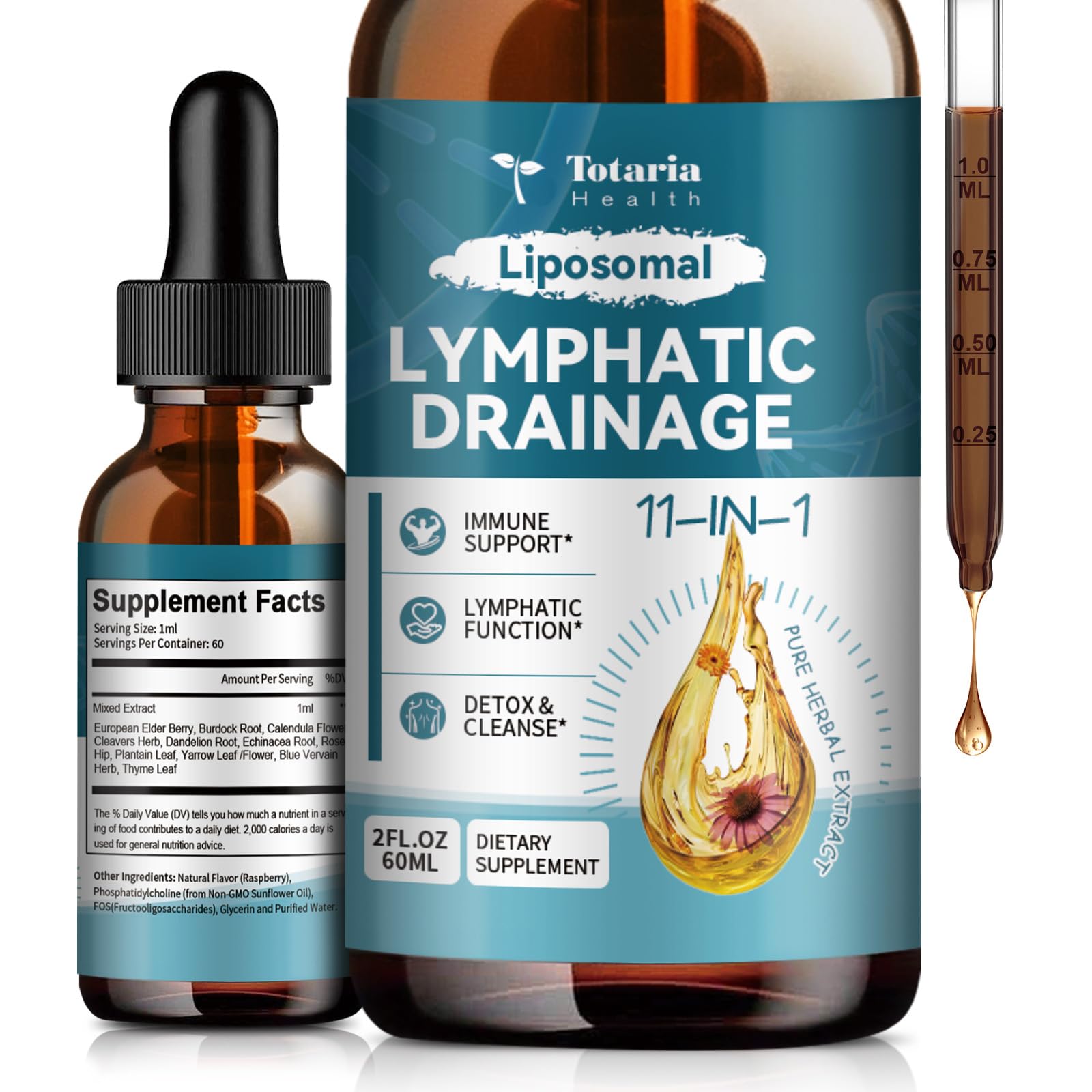 Totaria Liposomal Lymphatic Drops label shows dandelion root