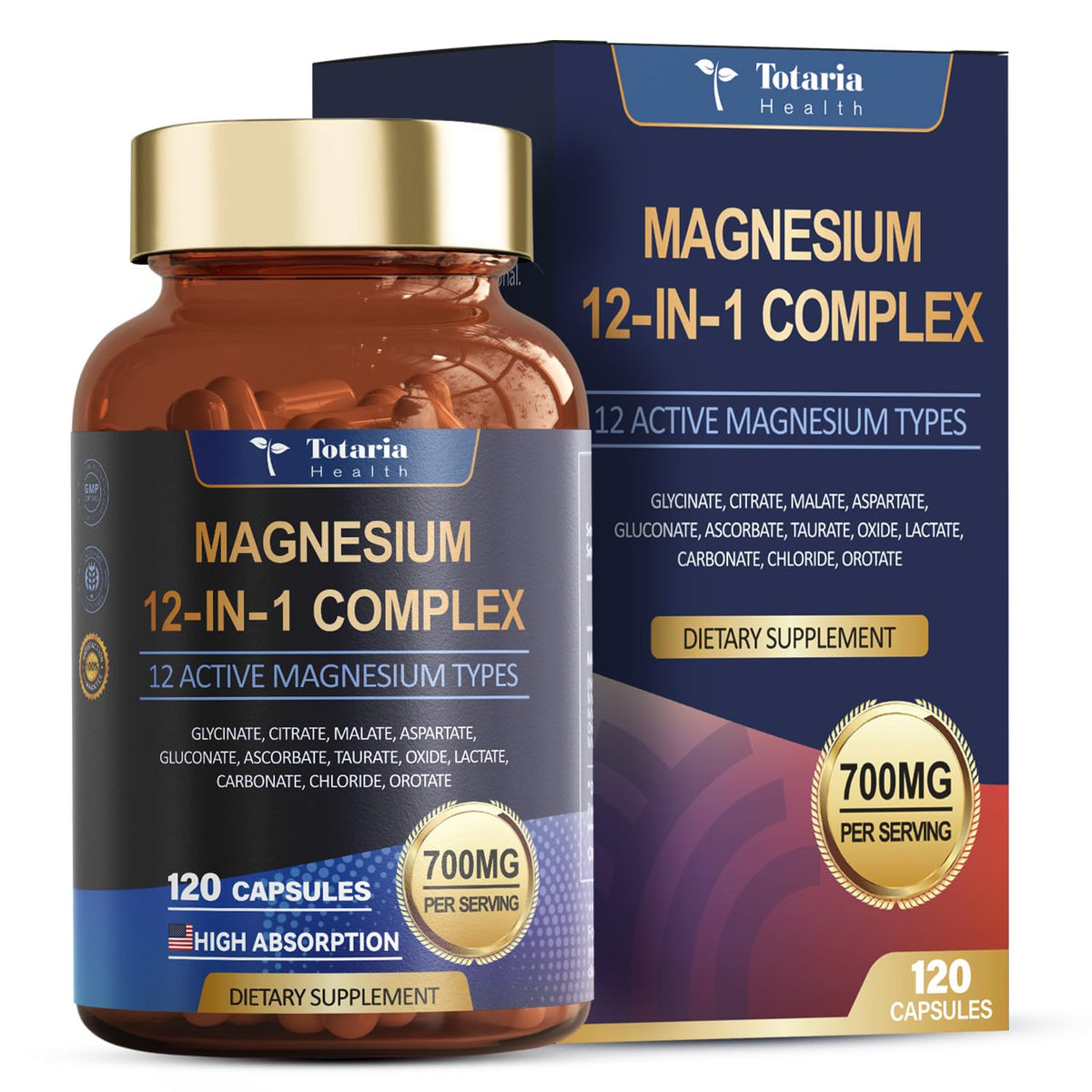 Totaria Magnesium Complex capsules in bottle for daily wellness support.