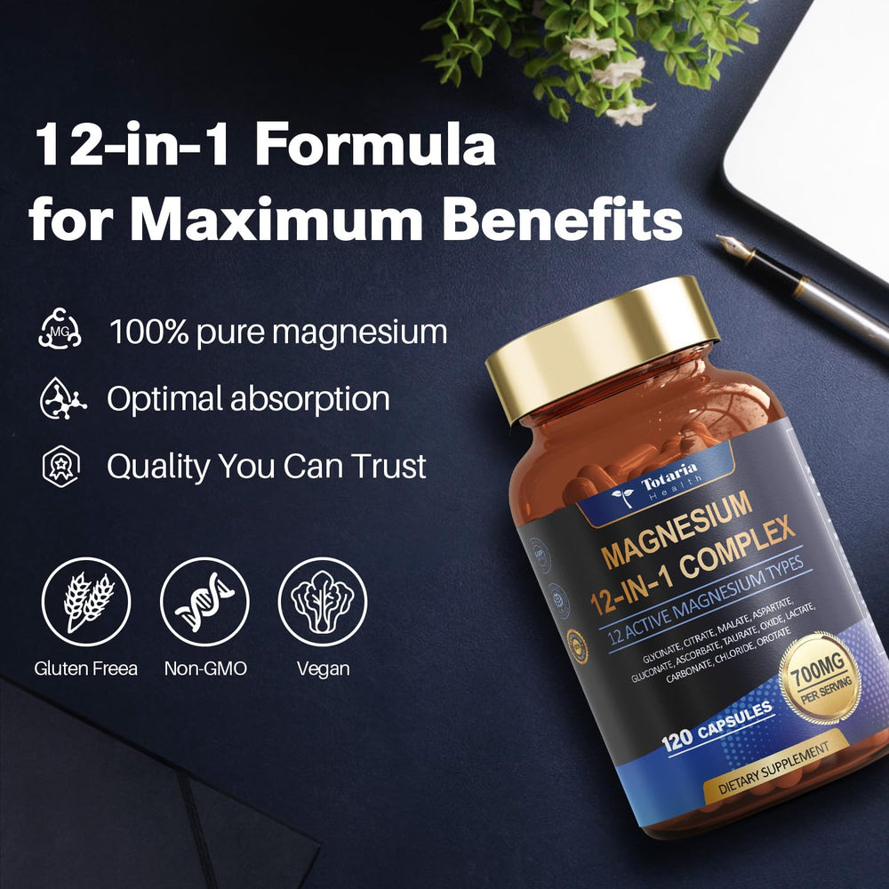 Totaria Magnesium Complex vegan capsules on a clean lifestyle setup.