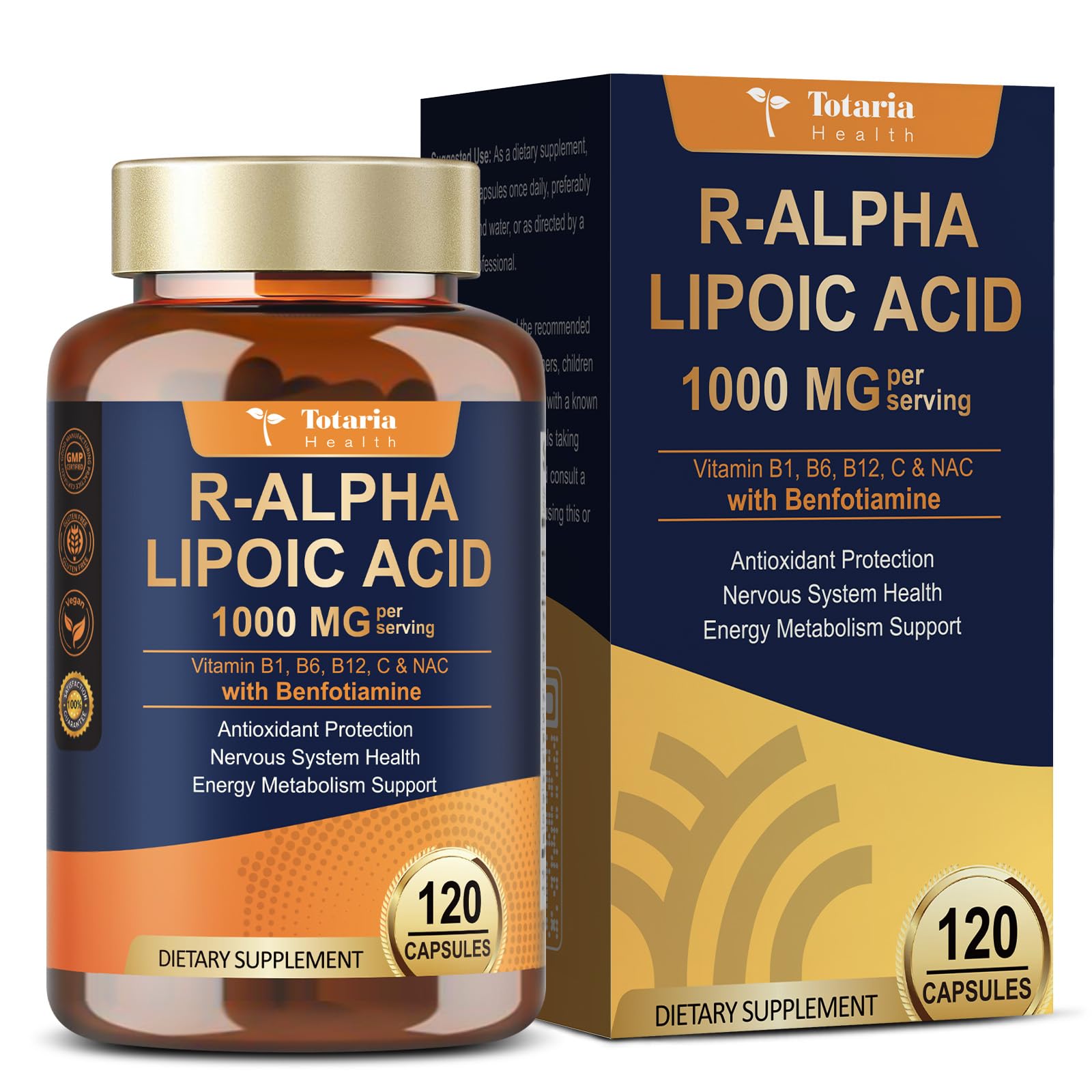 Totaria R-ALA 1000mg bottle label highlighting nerve support benefits.