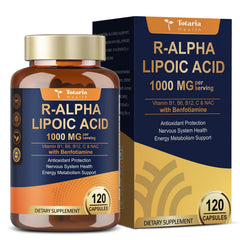 Totaria R-ALA 1000mg bottle label highlighting nerve support benefits.