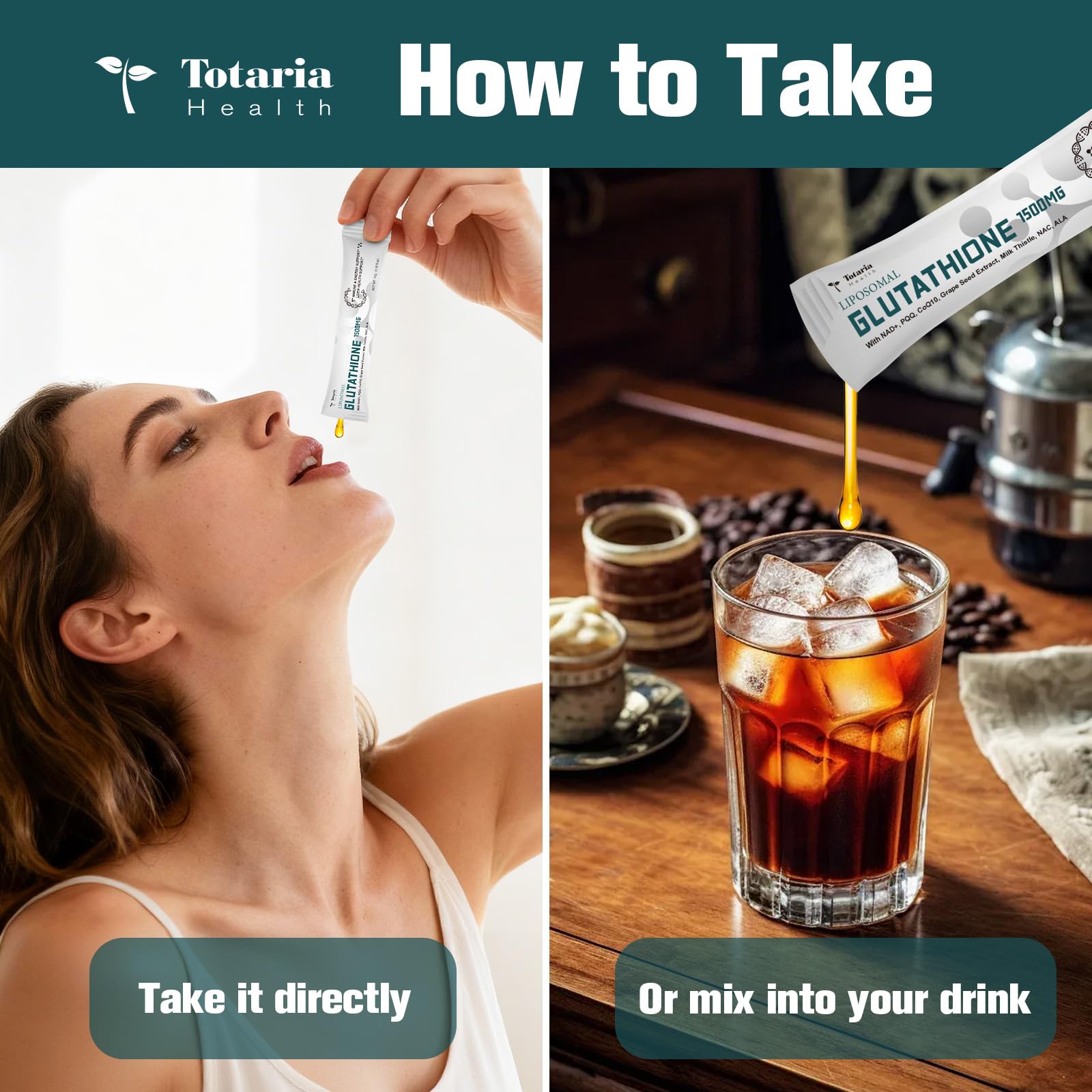 Totaria ready-to-use liquid sachets pack displaying simple daily dosing.