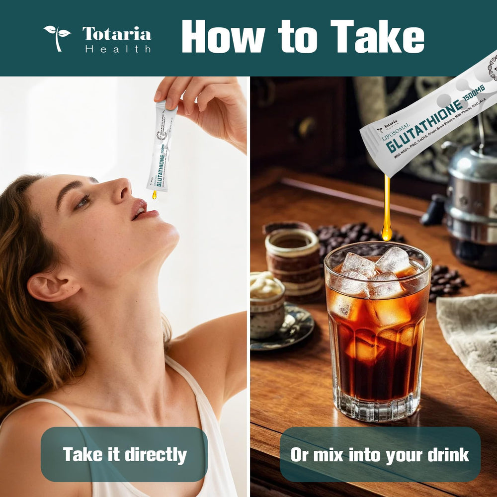Totaria ready-to-use liquid sachets pack displaying simple daily dosing.