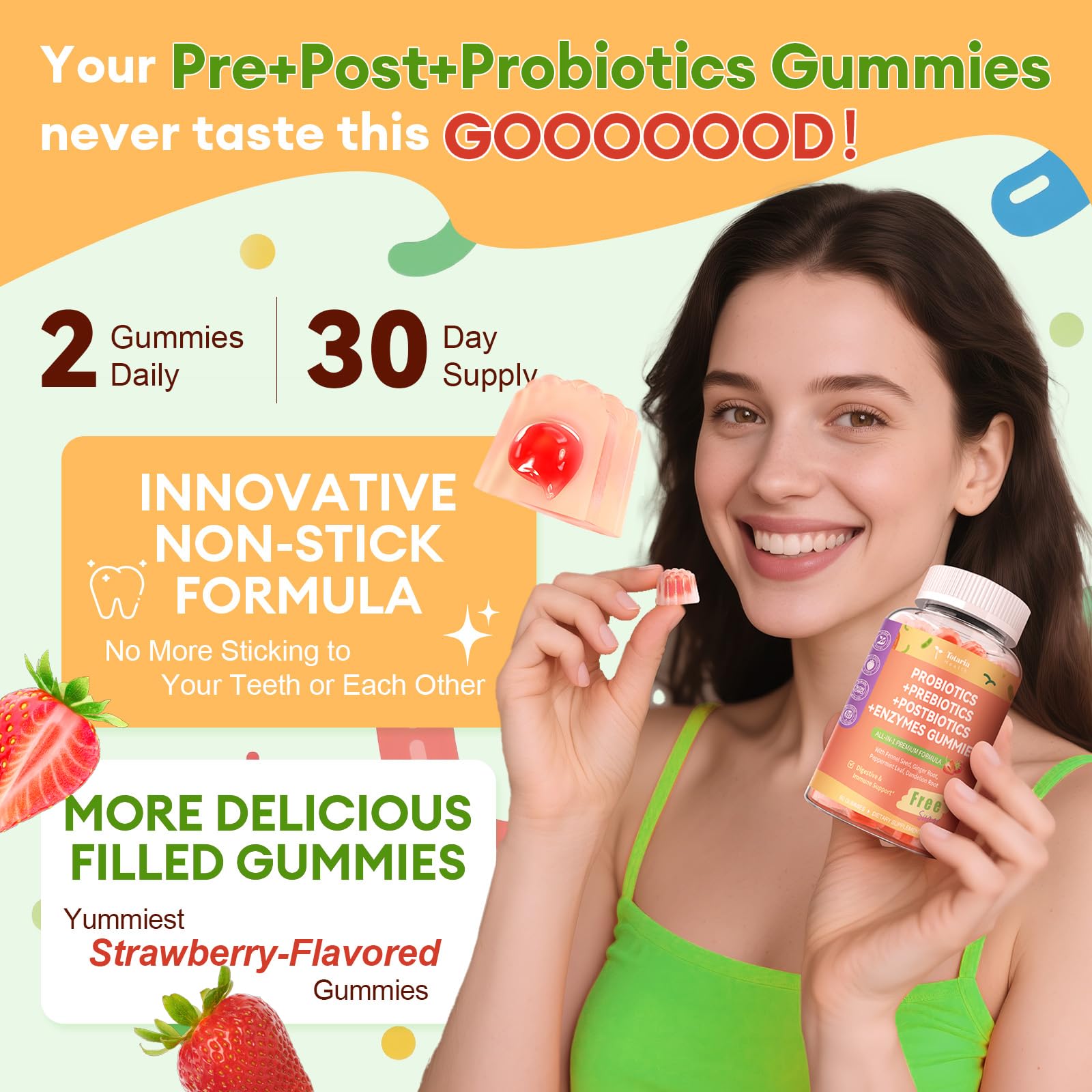 Totaria peppermint strawberry gummy close-up conveys flavor and digestive comfort potential
