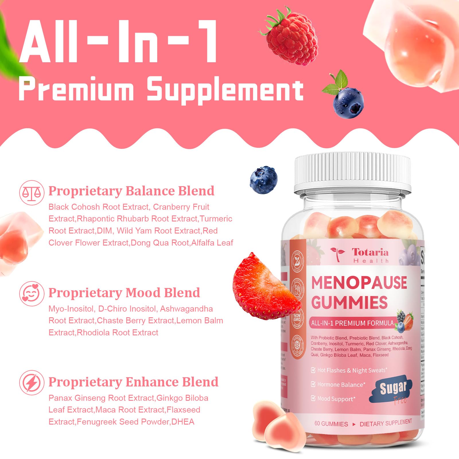 Totaria Sugar Free Menopause Gummies berry closeup highlights delicious flavor and easy daily use.