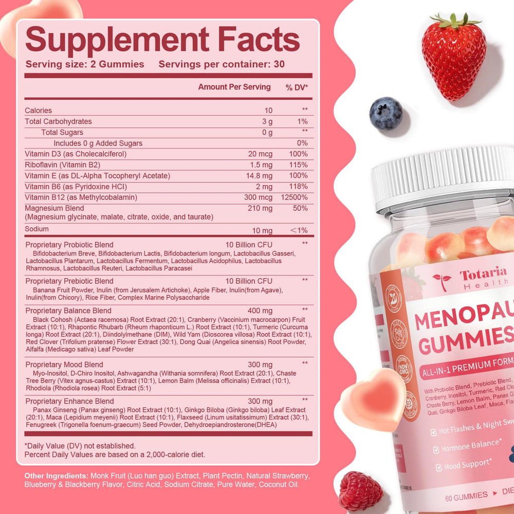 Totaria Sugar Free Menopause Gummies daily-dose concept shows simple two-gummy ritual.