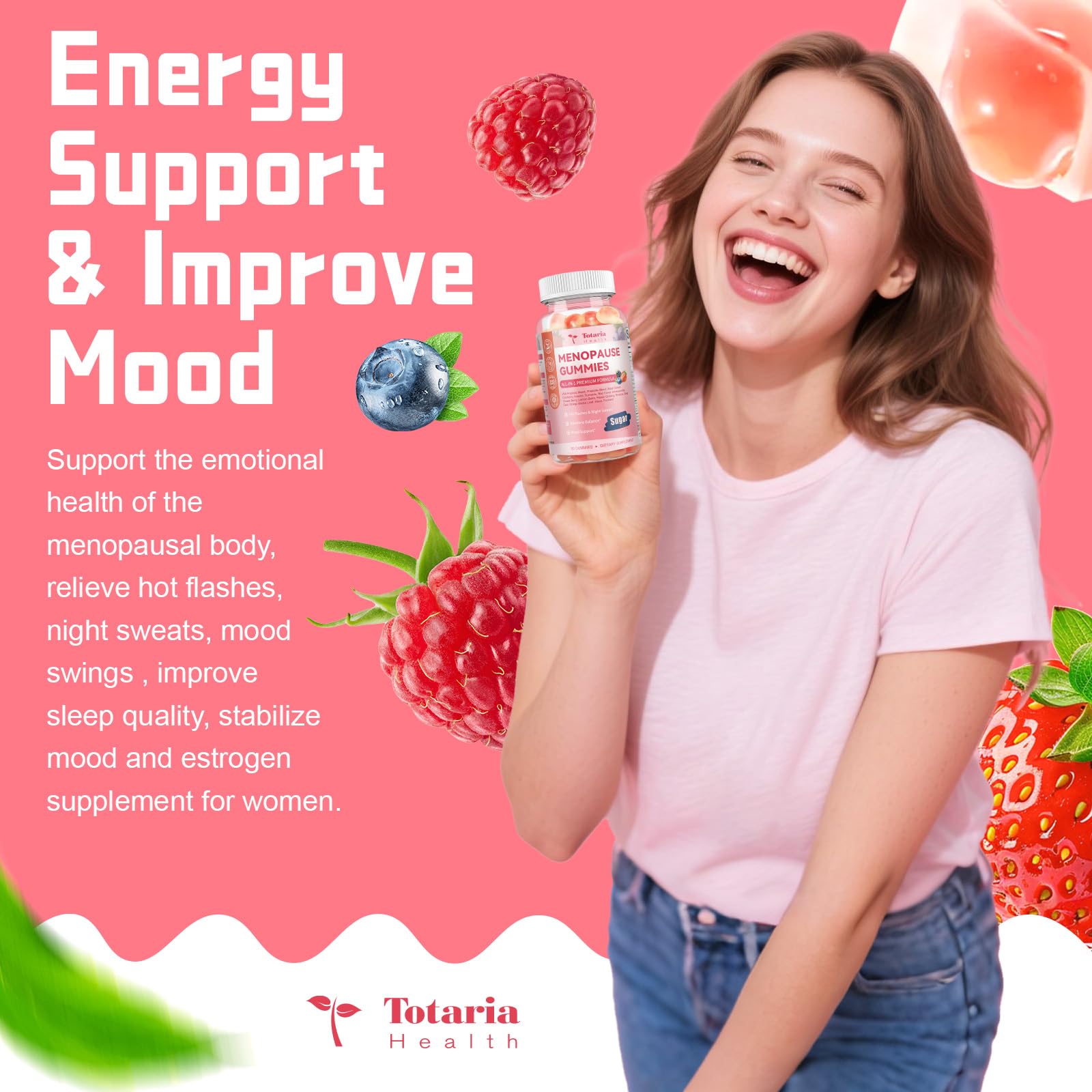 Totaria Sugar Free Menopause Gummies prebiotic image highlights digestive comfort benefits.