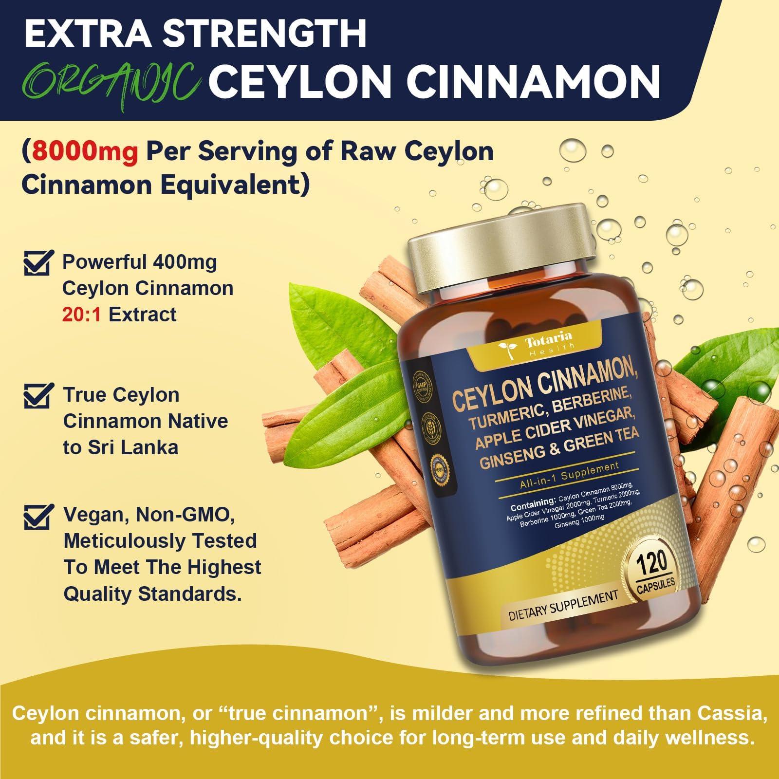 Totaria true cinnamon capsules bottle close-up highlighting high-polyphenol cinnamon blend