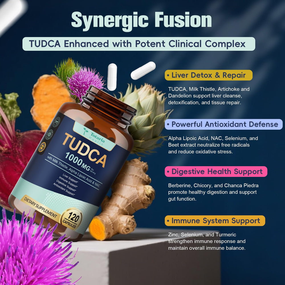 Totaria Tudca chanca piedra visual showcases multi-ingredient formula.