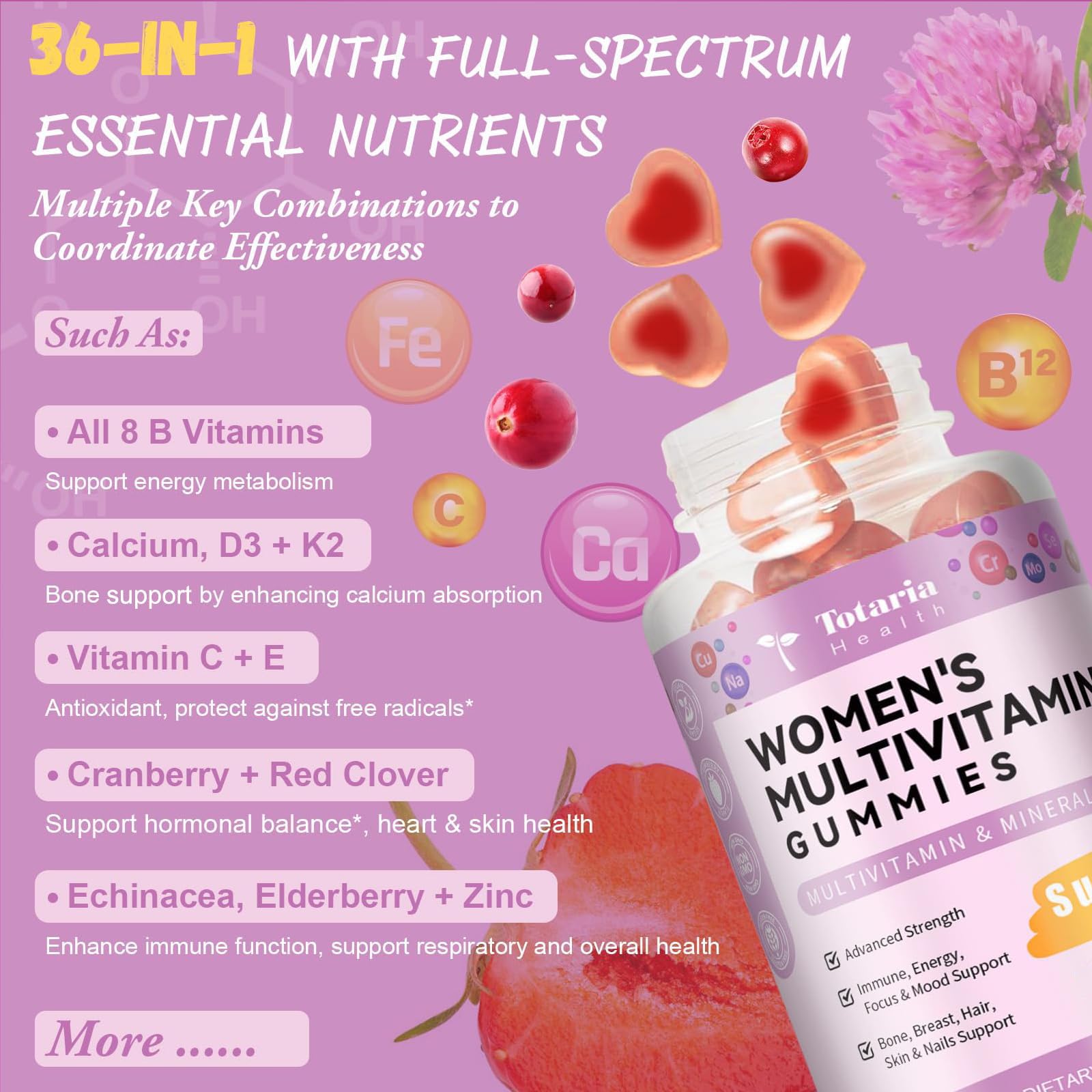 Totaria women multivitamin gummies strawberry flavor closeup highlights tasty daily nutrition.
