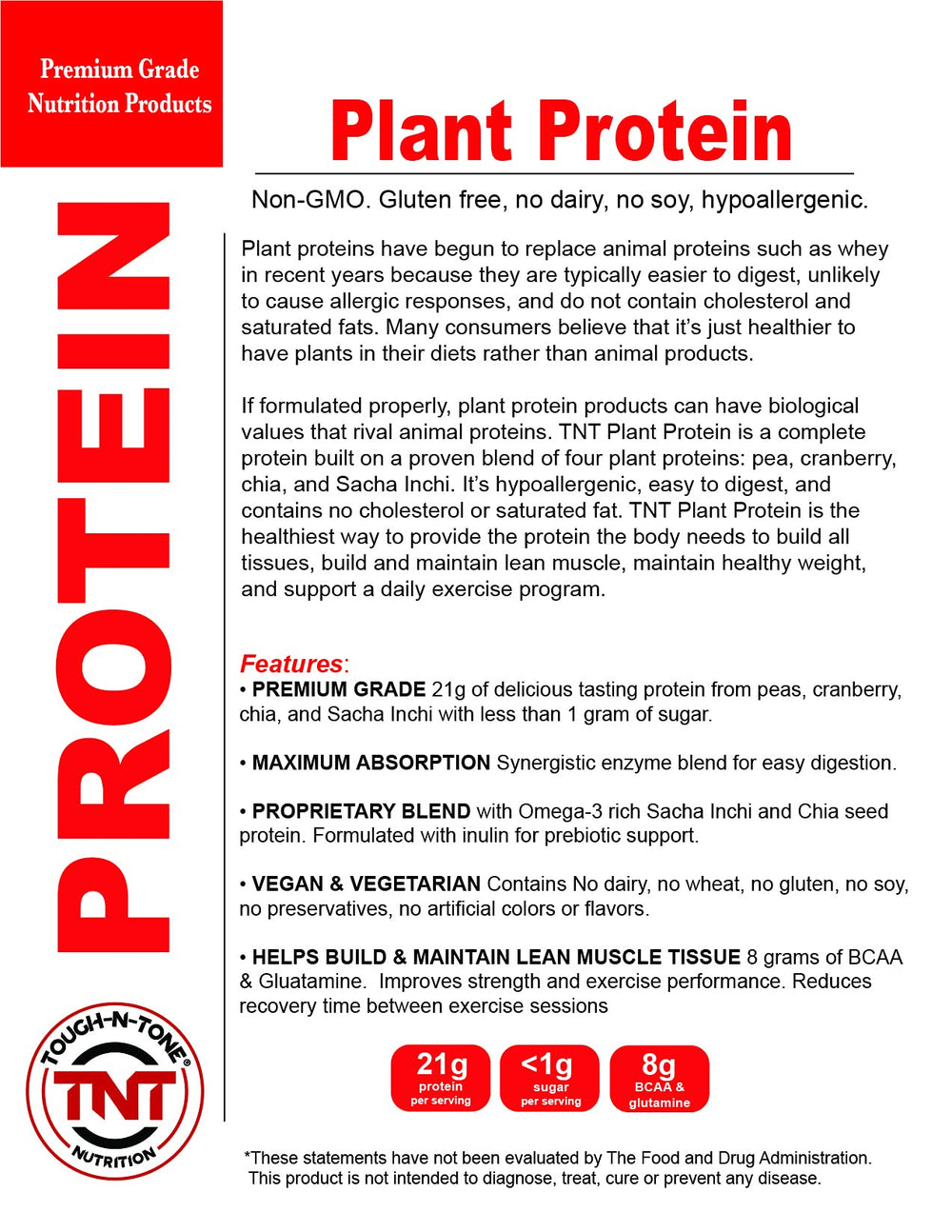 TOUGH-N-TONE vegan protein jar shows dairy-free, gluten-free features