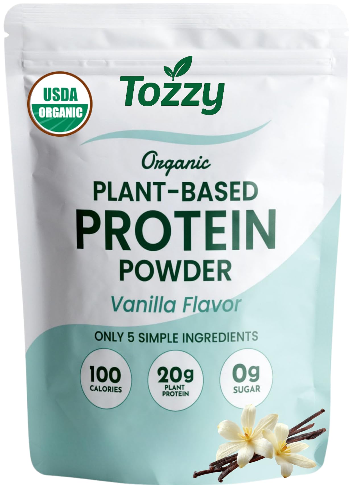 TOZZY Vegan Pea Protein Vanilla bottle shows a clean protein option for daily shakes.