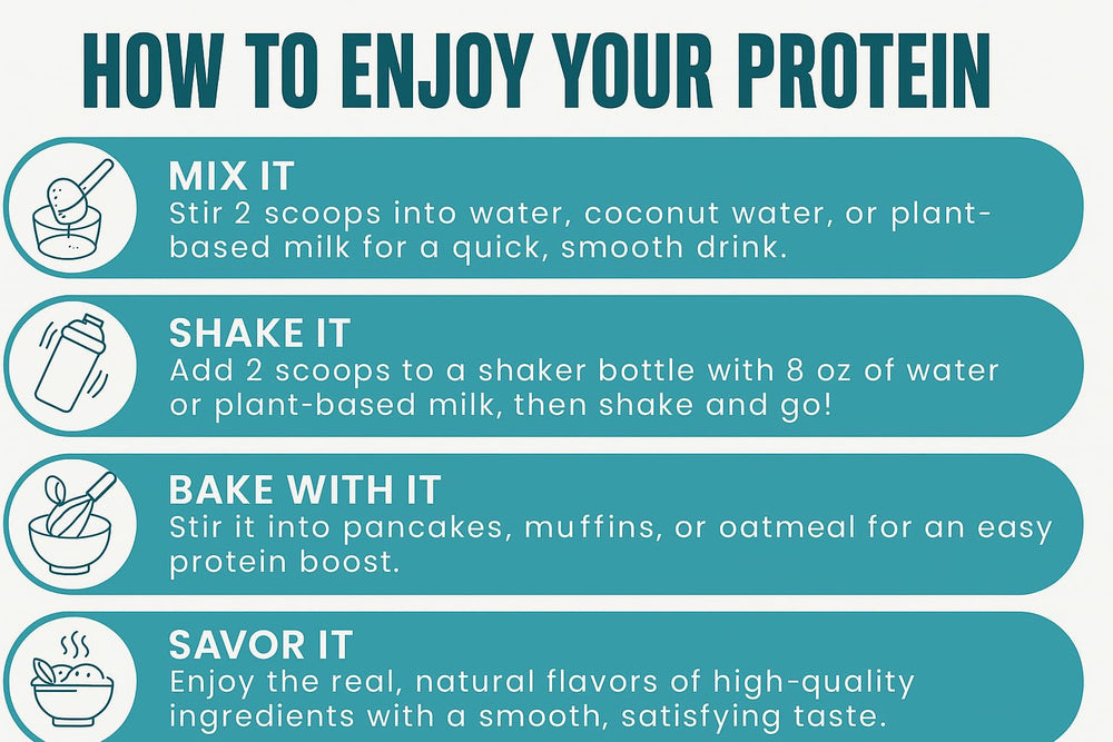 TOZZY Vanilla ingredients line shows natural five-ingredient plant protein at a glance.
