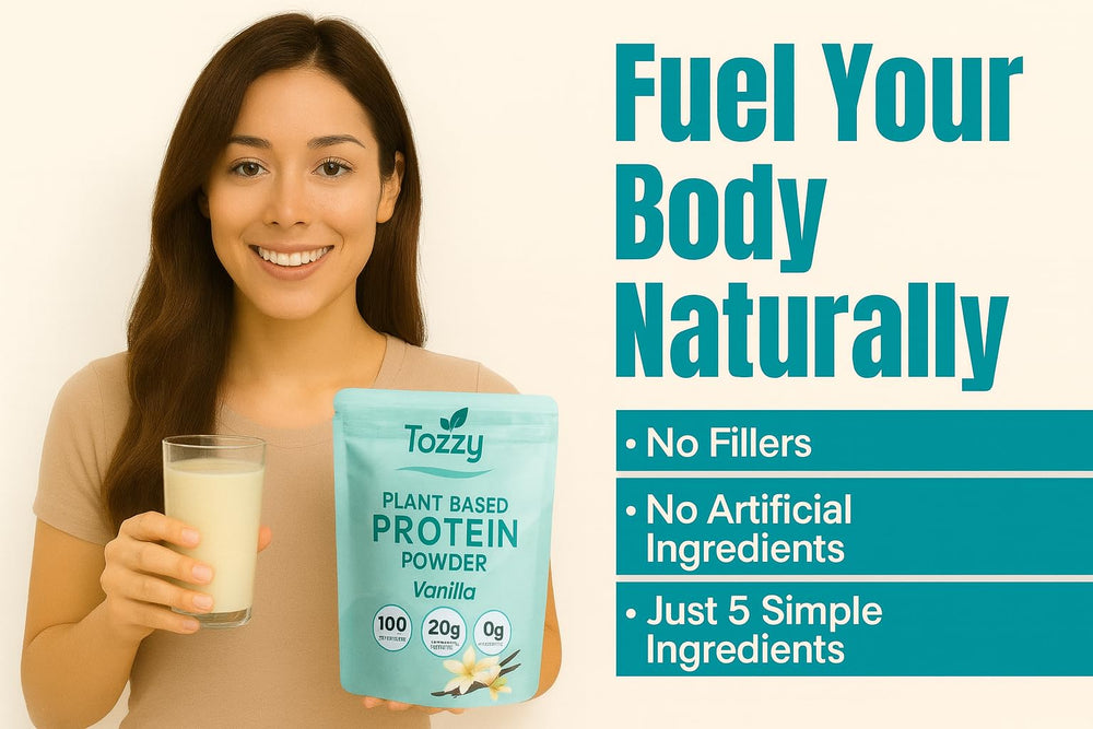TOZZY Vegan Pea Protein Vanilla scoop delivers quick protein boost after workouts.