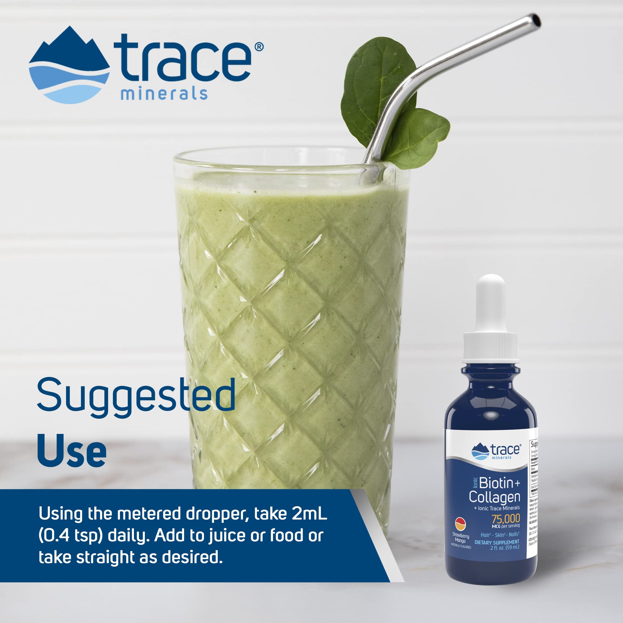0.4 tsp dosing shown beside glass for precise, simple serving