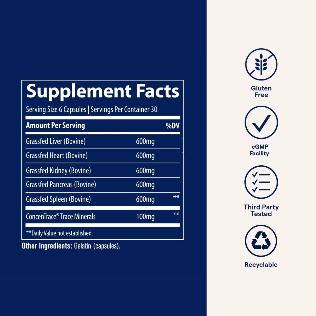 Trace Minerals Beef Organs packaging highlights paleo- and keto-friendly options.