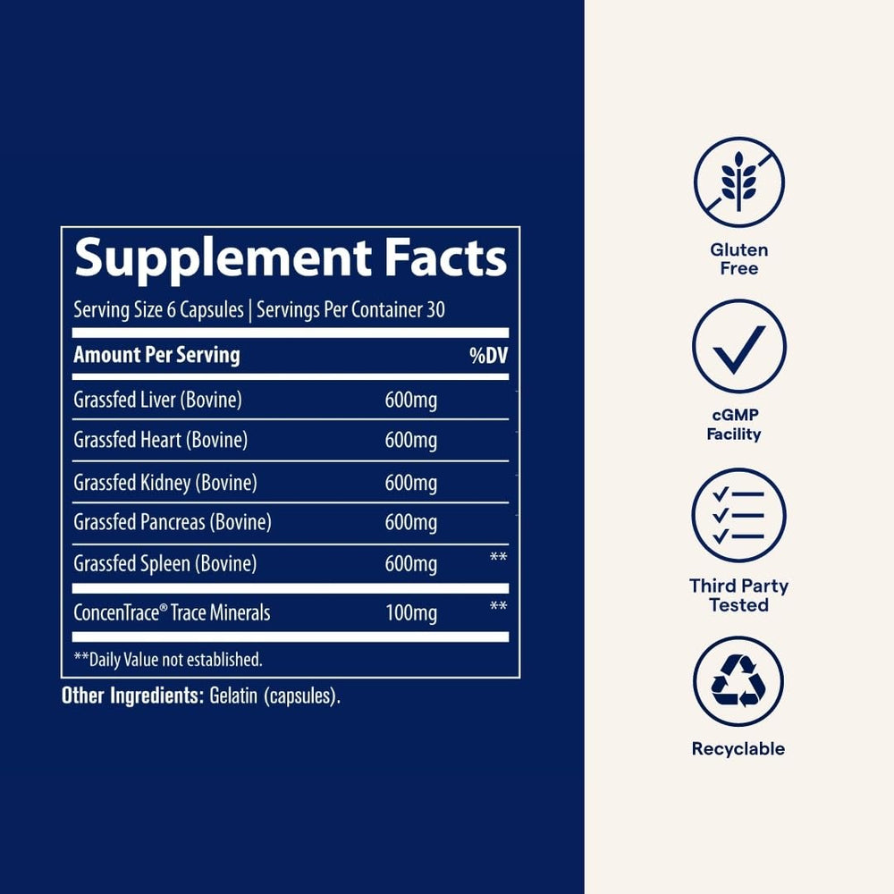 Trace Minerals Beef Organs packaging highlights paleo- and keto-friendly options.
